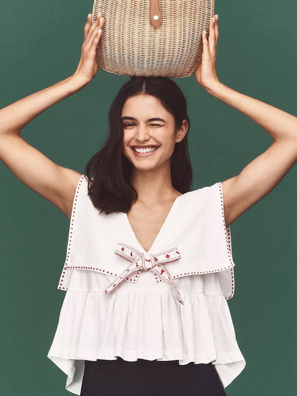 Maeve White Sleeveless Sailor-Collar Tie-Front with red detail